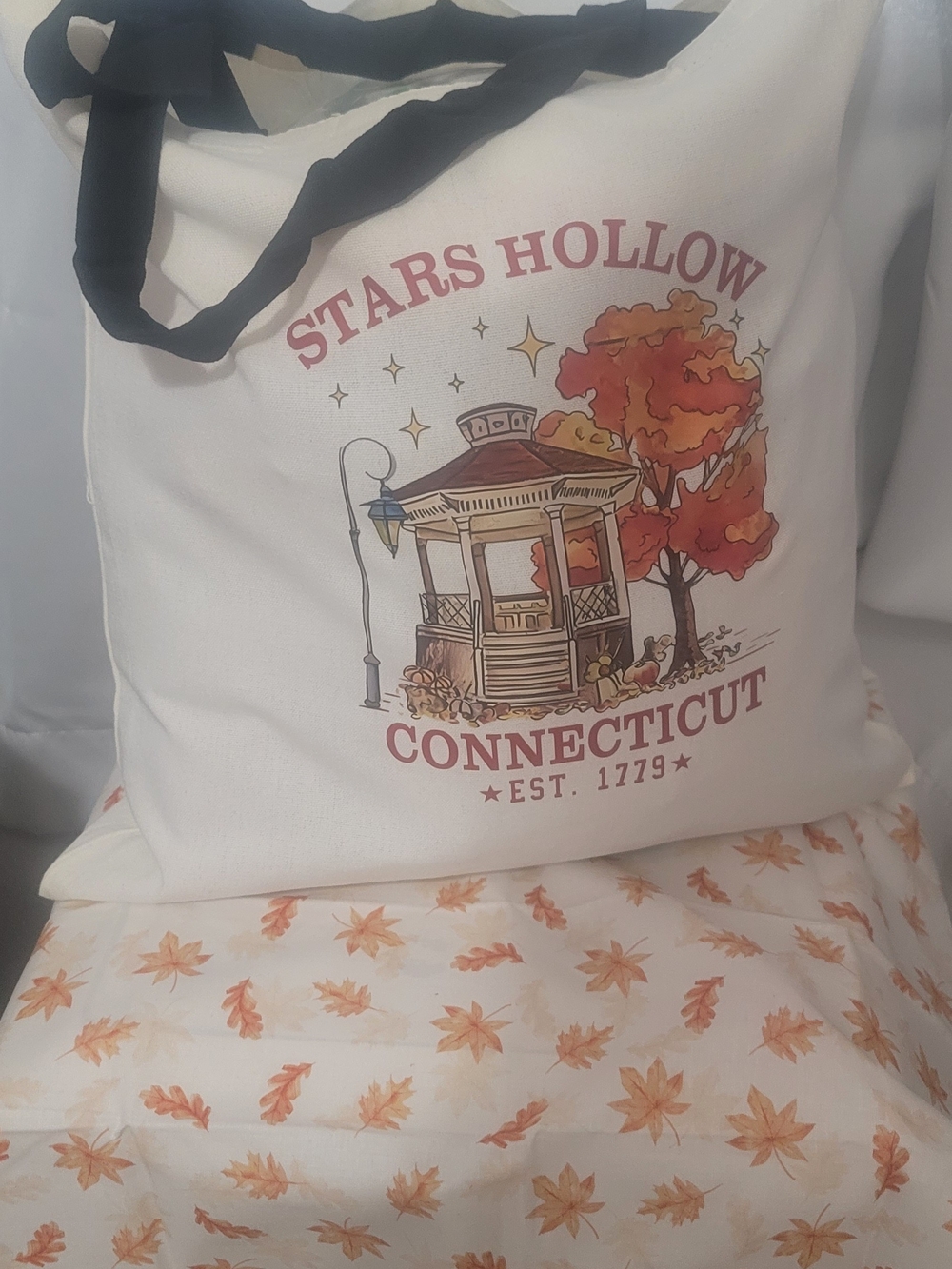 Stars Hollow Connecticut Fall Tote Bag - Cream with Orange Print